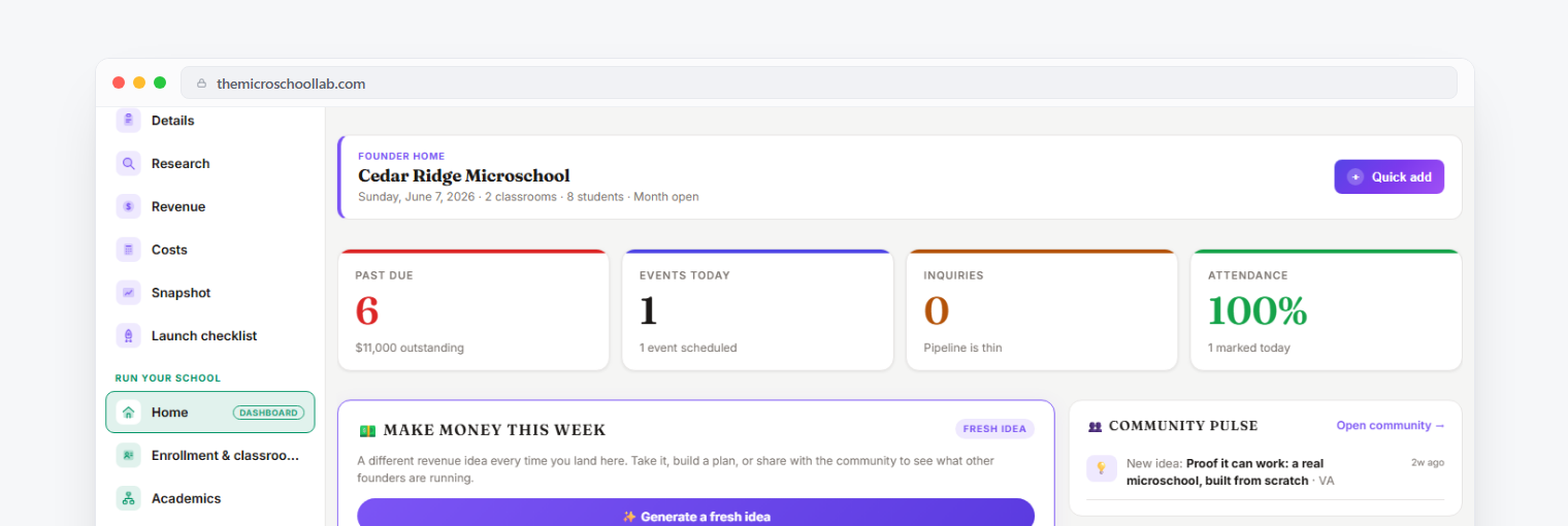The MicroSchool Lab founder dashboard